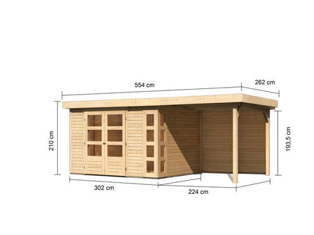 Karibu Gartenhaus Kerko 5 natur mit Anbaudach 2,40 m inkl. Rückwand