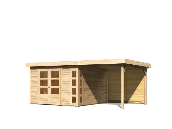 Karibu Gartenhaus Kerko 6 natur mit 2,40 m Anbaudach inkl. Rückwand