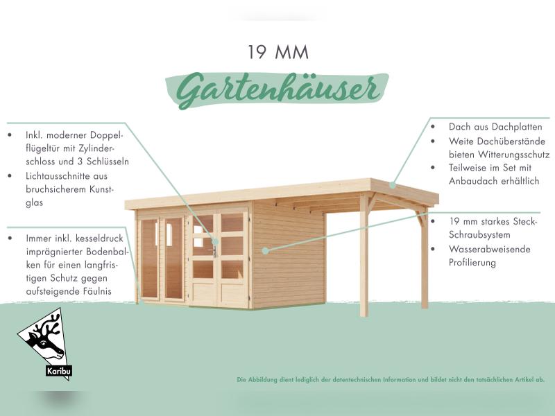 Karibu Gartenhaus Lahar 3,5, natur, inkl. Anbaudach 2,40 m Breite