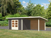 Karibu Gartenhaus Northeim 3 terragrau mit Anbaudach 3,0 Meter inkl. Rückwand