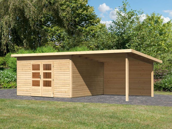 Karibu Gartenhaus Northeim 5 natur mit Anbaudach 3 m inkl. Rückwand