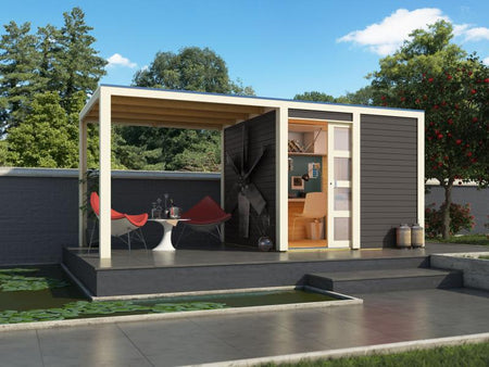 Karibu Gartenhaus Qubic in terragrau mit Anbaudach