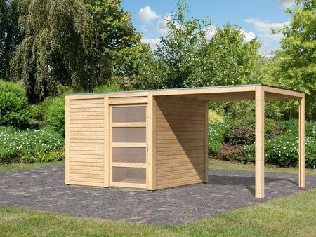 Karibu Gartenhaus Qubic natur mit Anbaudach