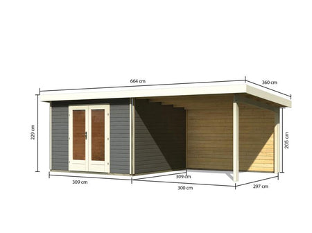 Karibu Gartenhaus Radeburg 1 terragrau mit Anbaudach 3,3 m inkl. Rückwand
