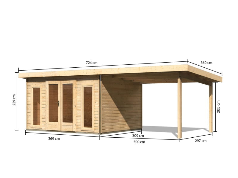 Karibu Gartenhaus Radeburg 2 natur 38 mm mit Anbaudach 3,3 m