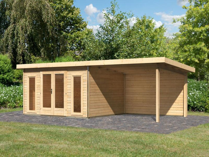 Karibu Gartenhaus Radeburg 2 natur 38 mm mit Anbaudach 3,3 m und Rückwand