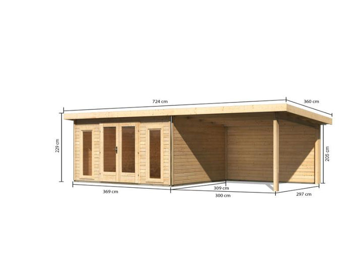 Karibu Gartenhaus Radeburg 2 natur 38 mm mit Anbaudach 3,3 m und Rückwand