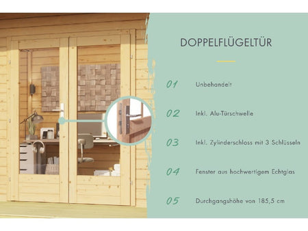 Karibu Gartenhaus Radeburg 2 natur 38 mm mit Anbaudach 3,3 m und Rückwand