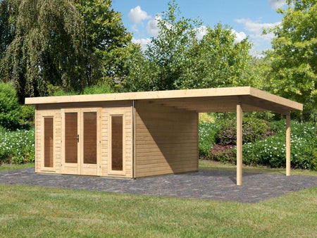 Karibu Gartenhaus Radeburg 3 natur mit Anbaudach 3,3 m