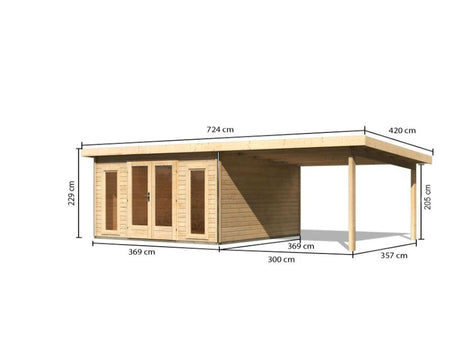 Karibu Gartenhaus Radeburg 3 natur mit Anbaudach 3,3 m