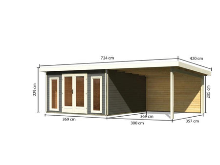 Karibu Gartenhaus Radeburg 3 terragrau mit Anbaudach 3,3 m und Rückwand