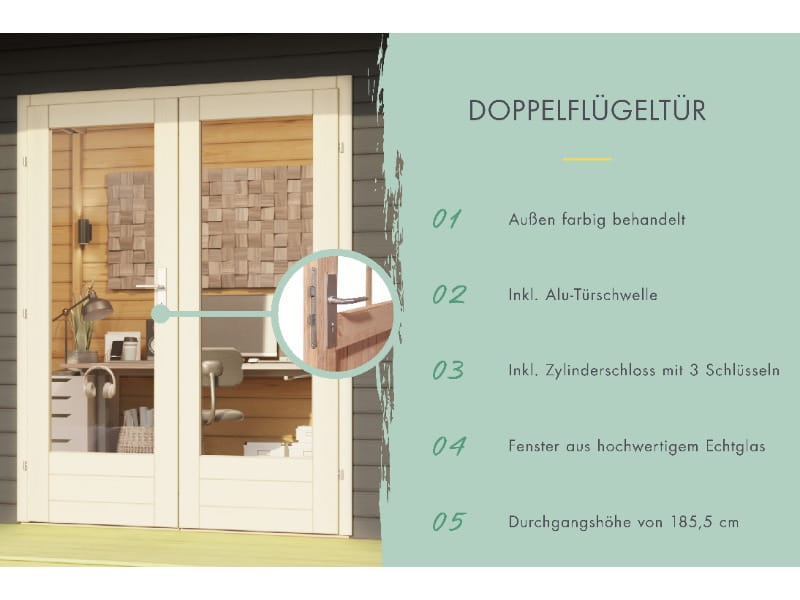 Karibu Gartenhaus Radeburg 3 terragrau mit Anbaudach 3,3 m und Rückwand