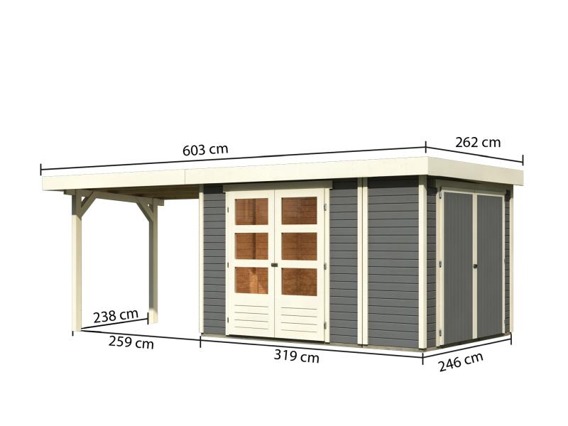 Karibu Gartenhaus Retola 4 mit Anbauschrank und Anbaudach 2,80 Meter, terragrau