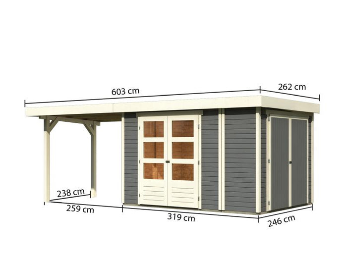 Karibu Gartenhaus Retola 4 mit Anbauschrank und Anbaudach 2,80 Meter, terragrau