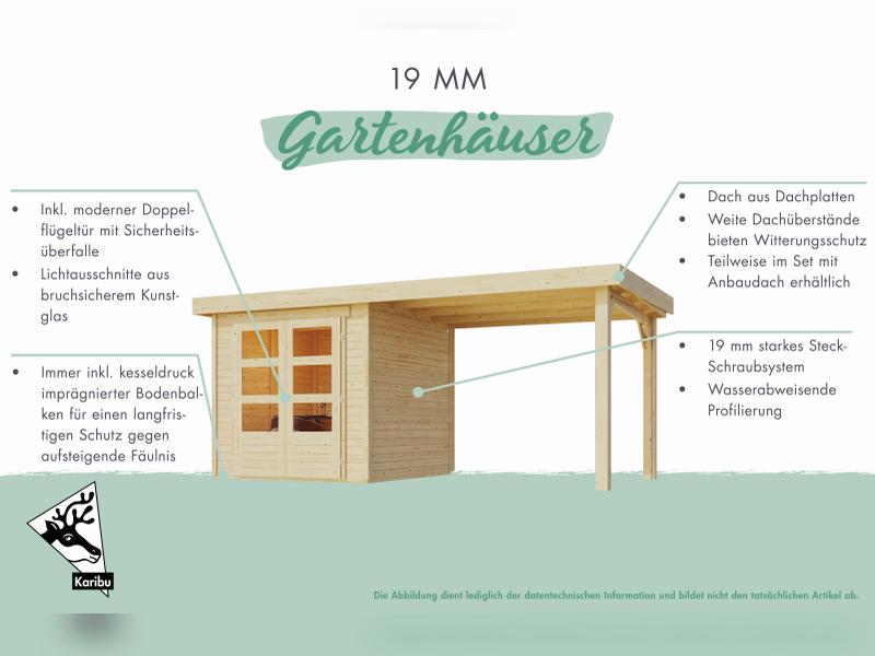 Karibu Gartenhaus Retola 4 mit Anbauschrank und Anbaudach 2,80 Meter, terragrau
