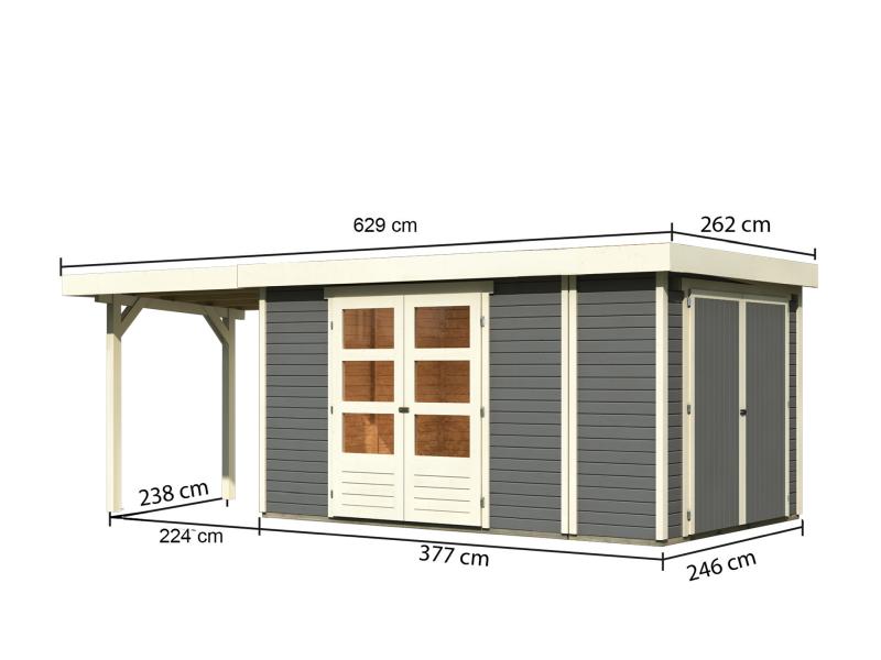 Karibu Gartenhaus Retola 6 mit Anbauschrank und Anbaudach 2,40 Meter, terragrau