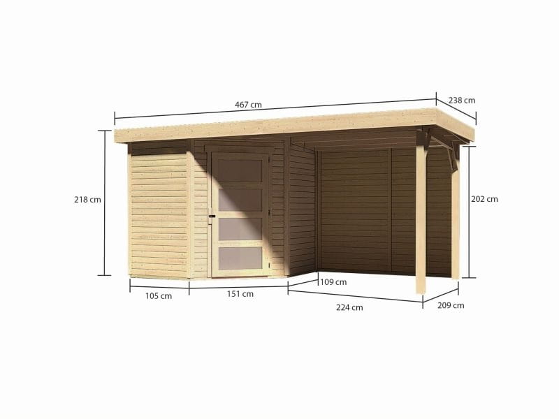 Karibu Gartenhaus Schwandorf 3 natur mit Anbaudach 2,4 m, Rückwand