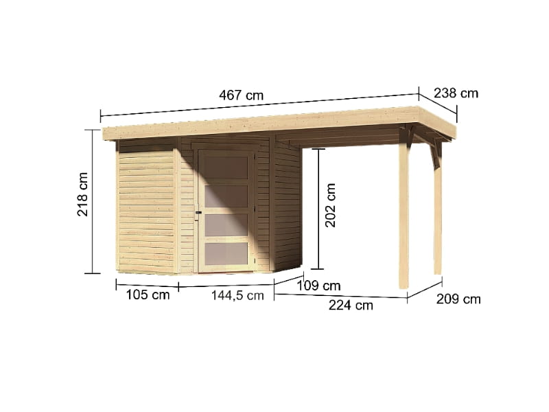 Karibu Gartenhaus Schwandorf 3 natur mit Anbaudach 2,40 Meter