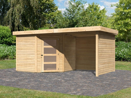 Karibu Gartenhaus Schwandorf 5 natur mit Anbaudach 2,25 Meter, Seiten- und Rückwand
