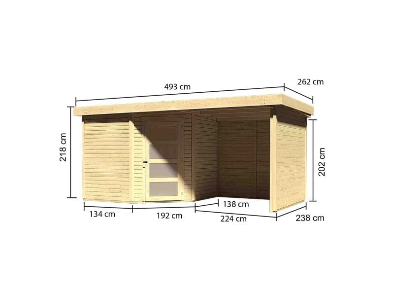 Karibu Gartenhaus Schwandorf 5 natur mit Anbaudach 2,25 Meter, Seiten- und Rückwand