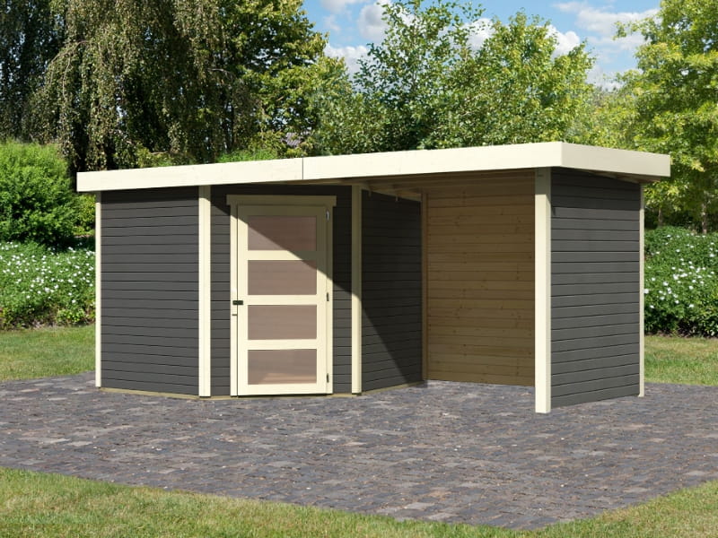 Karibu Gartenhaus Schwandorf 5 terragrau mit Anbaudach 2,25 Meter, Seiten- und Rückwand
