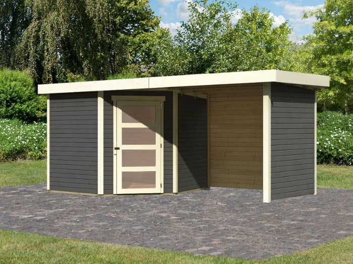Karibu Gartenhaus Schwandorf 5 terragrau mit Anbaudach 2,25 Meter, Seiten- und Rückwand