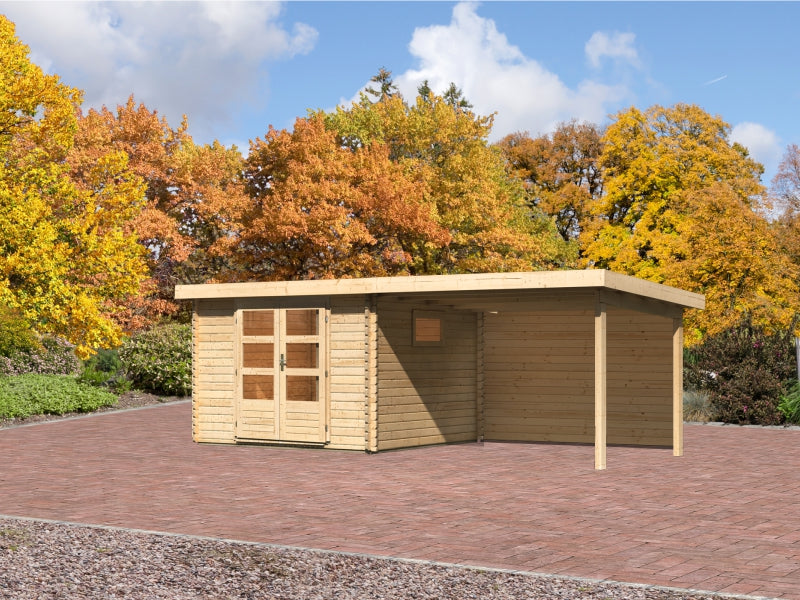 Karibu Gartenhaus Trittau 3 natur mit Anbaudach 3,3 m inkl. Rückwand