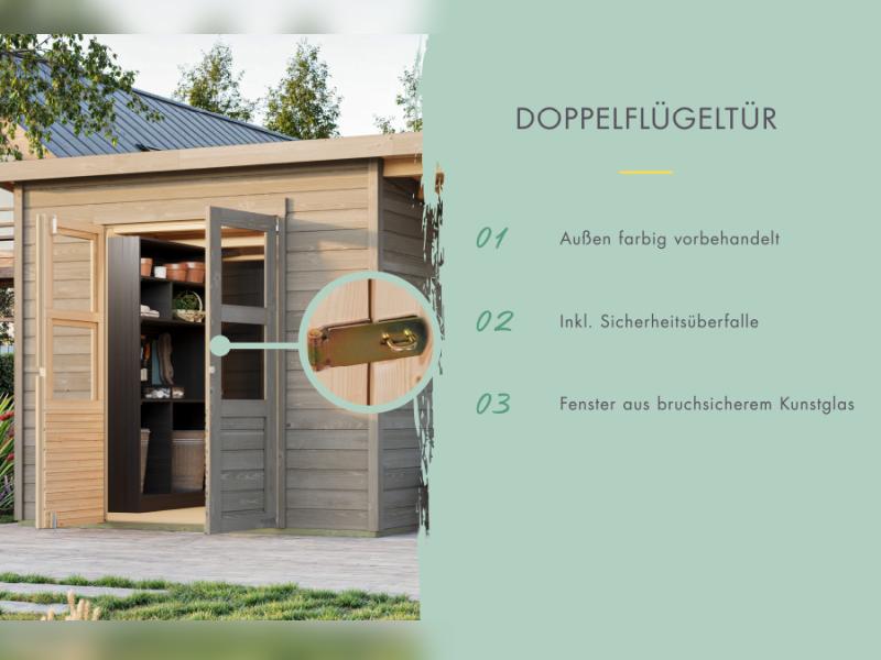 Karibu Gerätehaus Merseburg 2 SET mit Anbaudach, vorvergraut