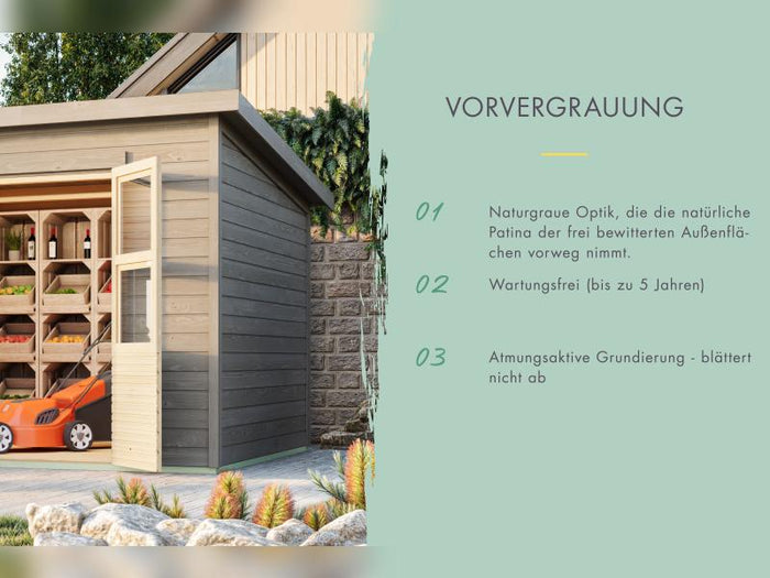 Karibu Gerätehaus Merseburg 4 SET mit Anbaudach, vorvergraut