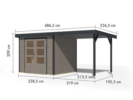 Karibu Hybrid Gartenhaus Jupiter 3 D wassergrau/anthrazit inkl. 2,35 m Anbaudach