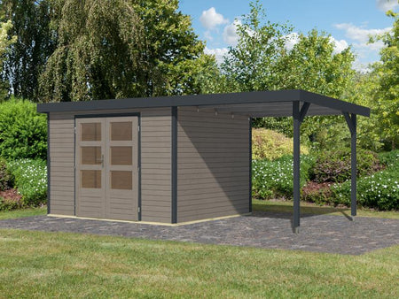 Karibu Hybrid Gartenhaus Jupiter 5 D wassergrau/anthrazit, inkl. 2,35 m Anbaudach