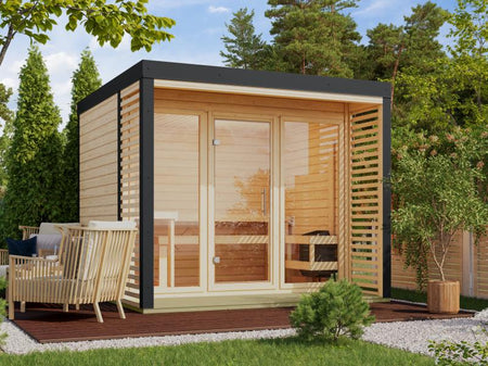 Karibu Hybrid Saunahaus Ares 3, naturbelassen/anthrazit -inkl. 9 kW Ofen ext. Steuerung-