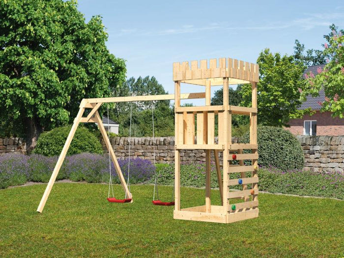 Karibu Ritterburg Löwenherz + Doppelschaukel + Kletterwand
