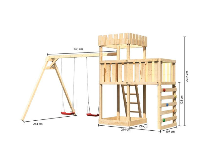 Karibu Ritterburg Löwenherz + Doppelschaukel + Anbauplattform + Kletterwand