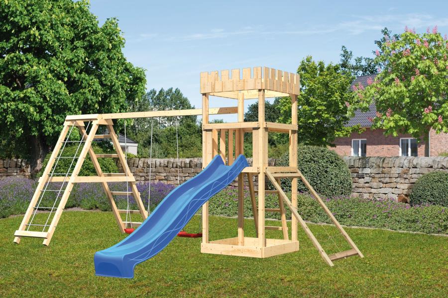 Karibu Ritterburg Löwenherz + Rutsche + Doppelschaukelanbau Klettergerüst + Netzrampe