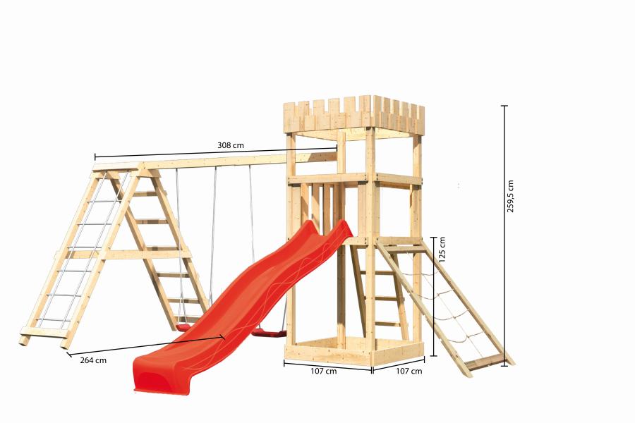 Karibu Ritterburg Löwenherz + Rutsche + Doppelschaukelanbau Klettergerüst + Netzrampe