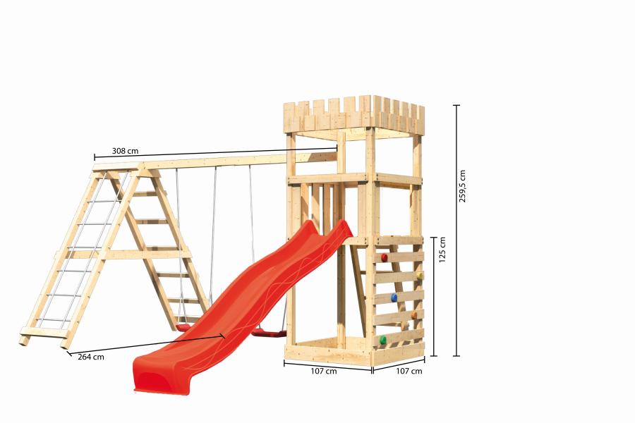 Karibu Ritterburg Löwenherz + Rutsche + Doppelschaukelanbau Klettergerüst + Kletterwand