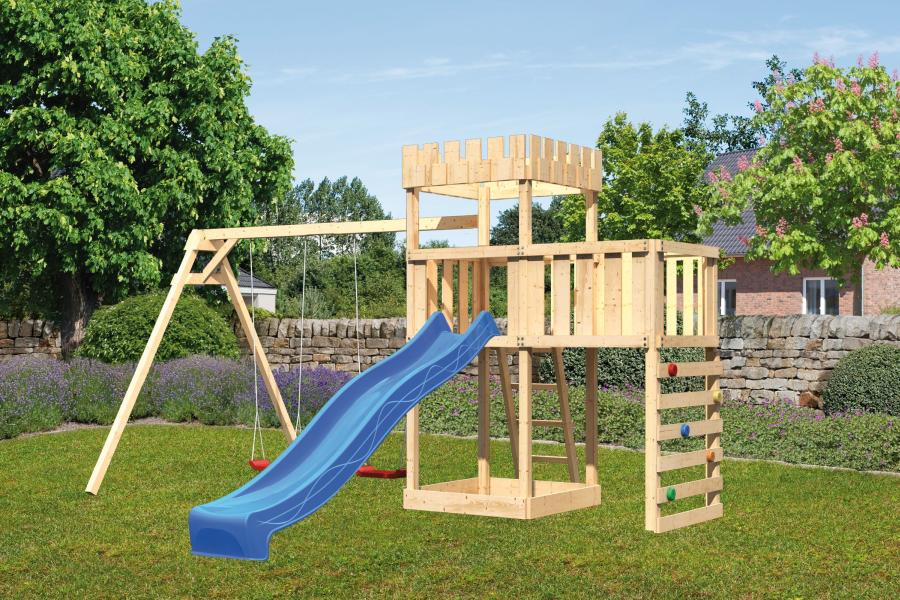 Karibu Ritterburg Löwenherz + Rutsche + Doppelschaukel + Anbauplattform + Kletterwand