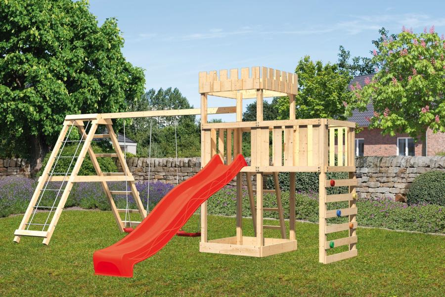 Karibu Ritterburg Löwenherz + Rutsche + Doppelschaukelanbau Klettergerüst + Anbauplattform + Kletter