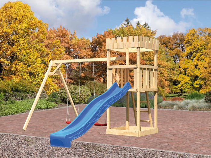 Karibu Ritterburg Löwenherz + Rutsche blau + Doppelschaukel