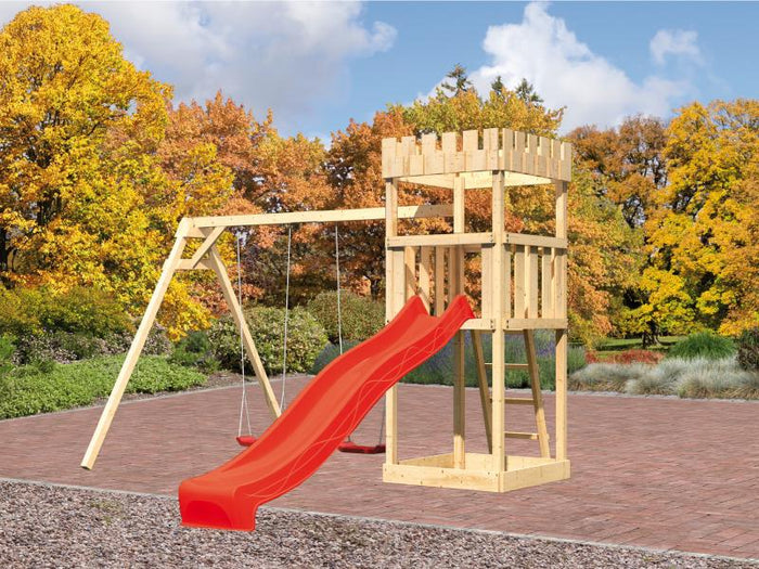 Karibu Ritterburg Löwenherz + Rutsche rot + Doppelschaukel