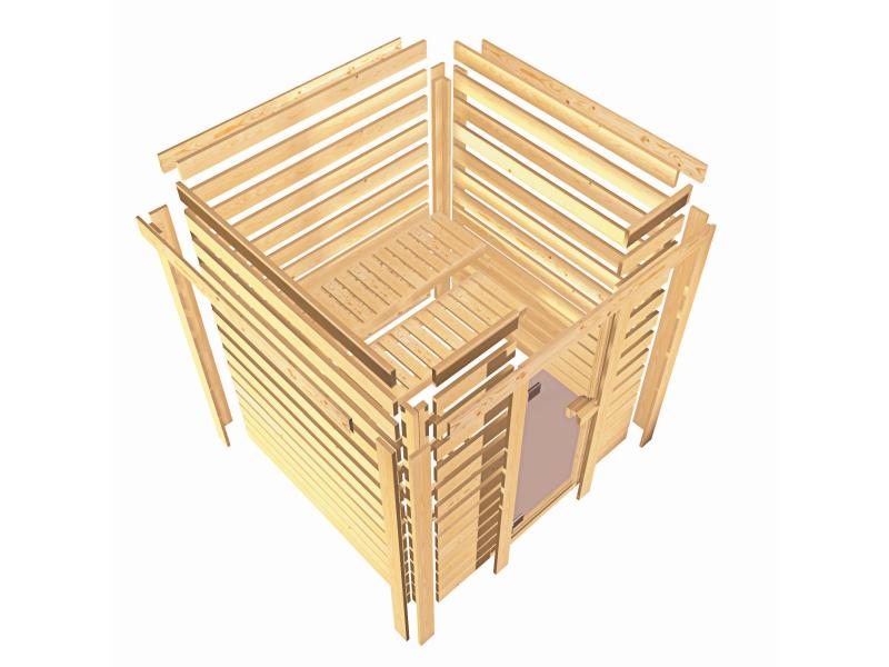 Karibu Sauna Adelina inkl. 9 kW Bioofen ext. Steuerung mit klassischer Saunatür -ohne Dachkranz-