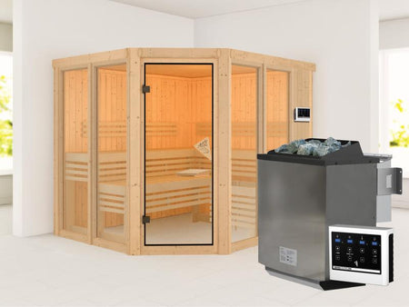 Karibu Sauna Ainur mit 9 kW Bioofen Ext. Strg  68 mm