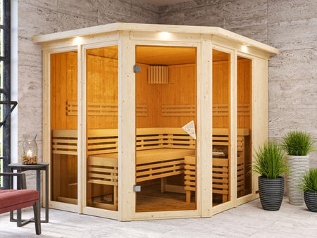 Karibu Sauna Ainur mit Dachkranz ohne Ofen 68 mm