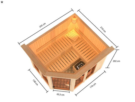 Karibu Sauna Ainur mit Dachkranz und 9 kW Ofen Ext. Strg 68 mm