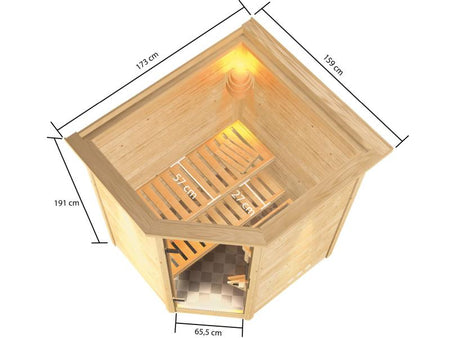 Karibu Sauna Antonia inkl. 9 kW Ofen ext. Steuerung mit klassischer Saunatür -mit Dachkranz-