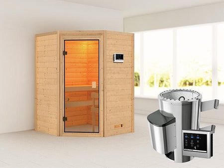 Karibu Sauna Antonia mit 3,6 kW Ofen ext. Strg ohne Dachkranz 38 mm