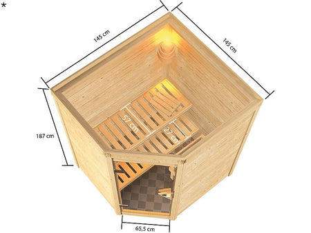 Karibu Sauna Antonia mit 3,6 kW Ofen ext. Strg ohne Dachkranz 38 mm