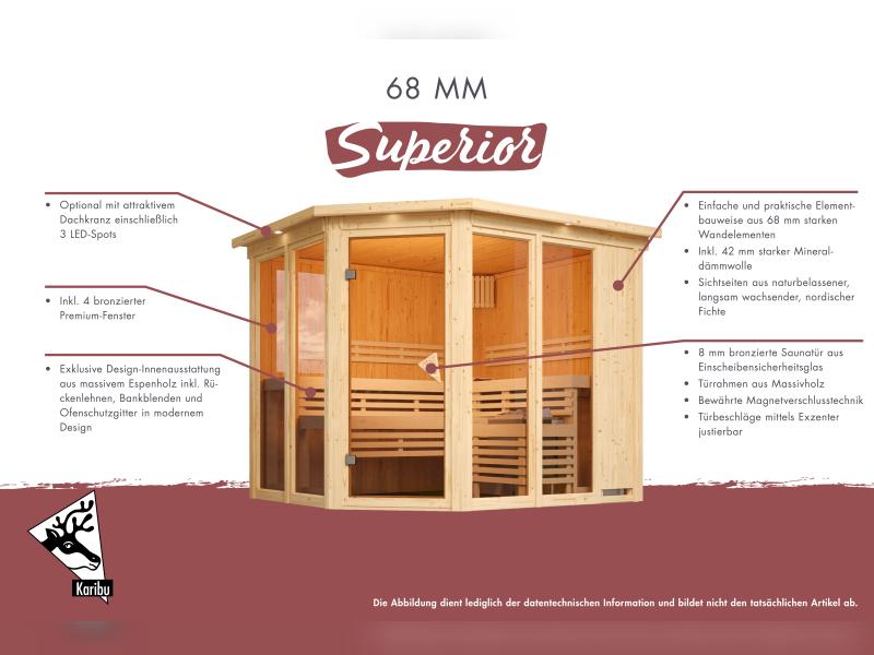 Karibu Sauna Avari 1 inkl. 3,6 kW Ofen externe Steuerung - ohne Dachkranz