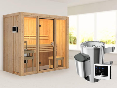 Karibu Sauna Avari 2 inkl. 3,6 kW Ofen ext. Steuerung - ohne Dachkranz